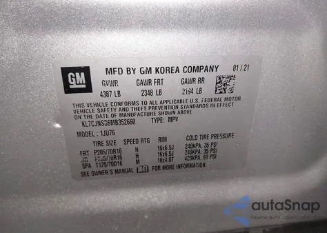 2021 Chevrolet Trax Ls z USA, uszkodzony, nr VIN KL7CJNSB6MB352660